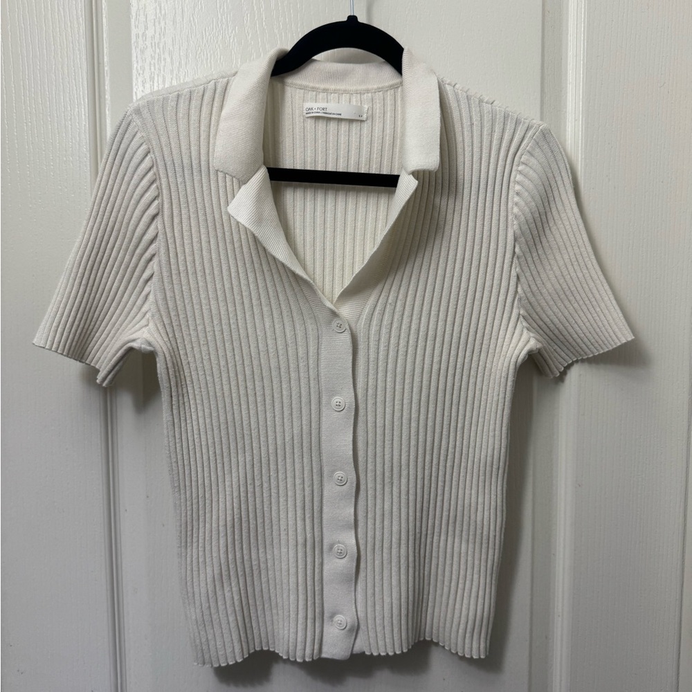 OAK + FORT Cream Ribbed Button-Down Shirt - Picture 5 of 7